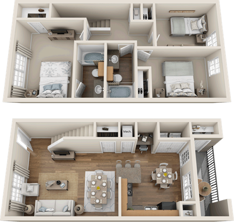 Floor plan for 3 beds, 2 baths, 1224 sqft
